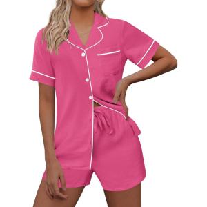imageEkouaer Womens Pajama Set Short Sleeve Sleepwear Summer Button Down Nightwear Lounge Set Soft Pjs SXXLRose Red