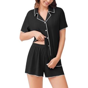 imageEkouaer Womens Ribbed Button Down Pajamas Sets 2 Piece Short Sleeve Shorts Pjs Knit Lounge SetsBlack