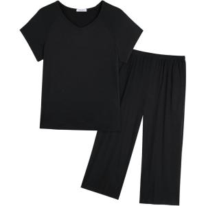 imageEkouaer Pajamas for Women Set Short Sleeve Pj Sets Pullover Tops ampamp Capri Pants 2 Piece Sleepwear Loungewear SXXLBlack