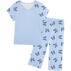 imageEkouaer Pajamas for Women Set Short Sleeve Pj Sets Pullover Tops ampamp Capri Pants 2 Piece Sleepwear Loungewear SXXLBluebutterfly