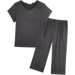 imageEkouaer Pajamas for Women Set Short Sleeve Pj Sets Pullover Tops ampamp Capri Pants 2 Piece Sleepwear Loungewear SXXLDark Grey