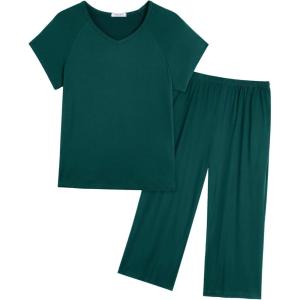 imageEkouaer Pajamas for Women Set Short Sleeve Pj Sets Pullover Tops ampamp Capri Pants 2 Piece Sleepwear Loungewear SXXLLake Green