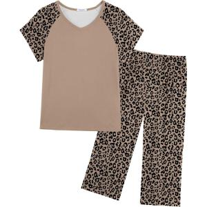 imageEkouaer Pajamas for Women Set Short Sleeve Pj Sets Pullover Tops ampamp Capri Pants 2 Piece Sleepwear Loungewear SXXLLeopard