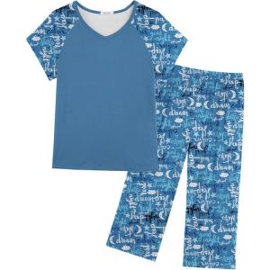 imageEkouaer Pajamas for Women Set Short Sleeve Pj Sets Pullover Tops ampamp Capri Pants 2 Piece Sleepwear Loungewear SXXLLetter Print