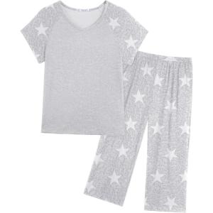 imageEkouaer Pajamas for Women Set Short Sleeve Pj Sets Pullover Tops ampamp Capri Pants 2 Piece Sleepwear Loungewear SXXLLight Greystar