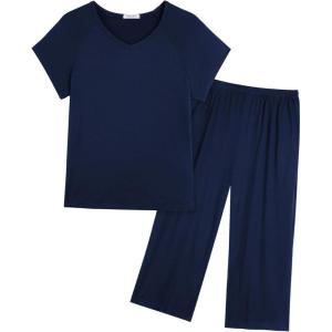 imageEkouaer Pajamas for Women Set Short Sleeve Pj Sets Pullover Tops ampamp Capri Pants 2 Piece Sleepwear Loungewear SXXLNavy Blue