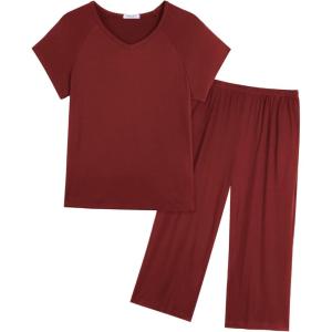 imageEkouaer Pajamas for Women Set Short Sleeve Pj Sets Pullover Tops ampamp Capri Pants 2 Piece Sleepwear Loungewear SXXLWine Red