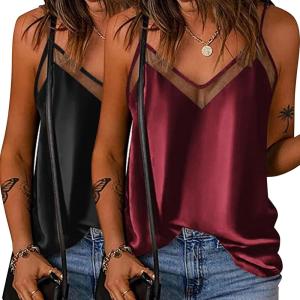 imageEkouaer Silk Tank Top for Women Mesh V Neck Satin Camisole Silky Sleeveless Tank Cami ShirtBlackWine Red