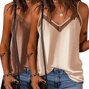imageEkouaer Silk Tank Top for Women Mesh V Neck Satin Camisole Silky Sleeveless Tank Cami ShirtCaramelChampagne