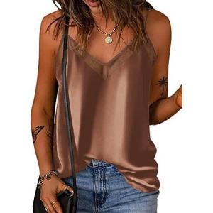 imageEkouaer Silk Tank Top for Women Mesh V Neck Satin Camisole Silky Sleeveless Tank Cami ShirtCoffee