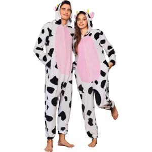 imageEkouaer Unisex Adult Animal Onesie One Piece Fleece Pajamas Halloween Costume Sleepwear HomewearCow