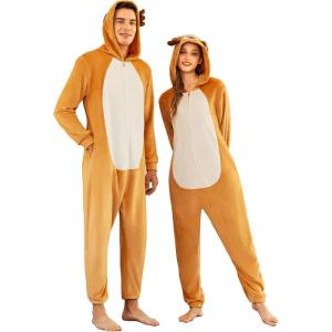 imageEkouaer Unisex Adult Animal Onesie One Piece Fleece Pajamas Halloween Costume Sleepwear HomewearReindeer