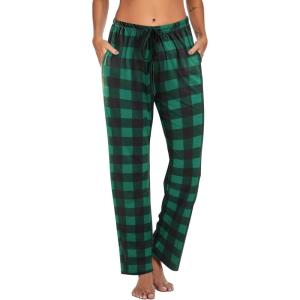 imageEkouaer Women Pajama Pants Comfy Pj Bottom with Pockets Stretch Plaid SleepwearClassic Black and Green Plaid