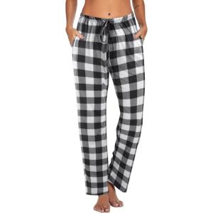 imageEkouaer Women Pajama Pants Comfy Pj Bottom with Pockets Stretch Plaid SleepwearClassic Black and White Plaid