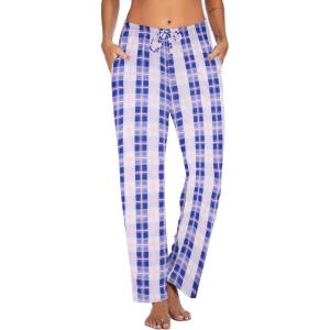 imageEkouaer Women Pajama Pants Comfy Pj Bottom with Pockets Stretch Plaid SleepwearLight Blue and White Plaid