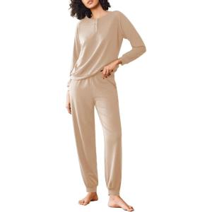 imageEkouaer Womens Pajamas 2 Piece Lounge Set Long Sleeve Top and Elastic Waist Pants Sweatsuits Casual Pjs with Pockets SXXLKhaki