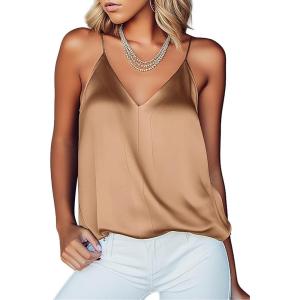 imageEkouaer Womens Silk Satin Camisole Tank Tops V Neck Sleeveless Spaghetti Straps Blouse Casual Racerback ShirtKhaki
