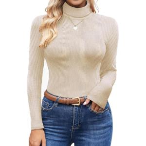 imageEkouaer Womens Turtleneck Tops Ribbed Pullover Sweater Long Sleeves Shirts Midweight Thermal Underwear BlouseBeige