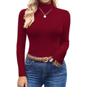imageEkouaer Womens Turtleneck Tops Ribbed Pullover Sweater Long Sleeves Shirts Midweight Thermal Underwear BlouseDark Red