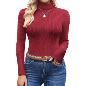 imageEkouaer Womens Turtleneck Tops Ribbed Pullover Sweater Long Sleeves Shirts Midweight Thermal Underwear BlouseWine Red