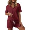 imageEkouaer Ribbed Knit Lounge Sets for Women 2 Piece Outfits Short Sleeve Top and Shorts Pajama Sets Tracksuit SweatsuitsWine Red