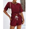 imageEkouaer Ribbed Knit Lounge Sets for Women 2 Piece Outfits Short Sleeve Top and Shorts Pajama Sets Tracksuit SweatsuitsWine Red