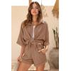 imageEkouaer Waffle Knit Lounge Sets for Women Short Sleeve Pajamas Button Down Pjs Oversized Loungewear Shorts SetBrown