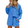 imageEkouaer Women 2 Piece Sets Lounge Sets Summer Outfits Button Down Shirts and Casual Shorts with PocketsSnorkel Blue