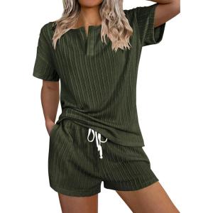 imageEkouaer Ribbed Knit Lounge Sets for Women 2 Piece Outfits Short Sleeve Top and Shorts Pajama Sets Tracksuit SweatsuitsArmy Green