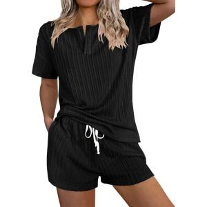 imageEkouaer Ribbed Knit Lounge Sets for Women 2 Piece Outfits Short Sleeve Top and Shorts Pajama Sets Tracksuit SweatsuitsBlack