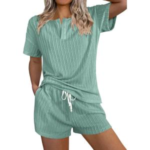 imageEkouaer Ribbed Knit Lounge Sets for Women 2 Piece Outfits Short Sleeve Top and Shorts Pajama Sets Tracksuit SweatsuitsGreen