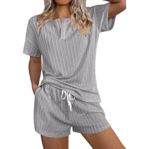 imageEkouaer Ribbed Knit Lounge Sets for Women 2 Piece Outfits Short Sleeve Top and Shorts Pajama Sets Tracksuit SweatsuitsGrey