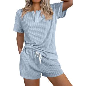 imageEkouaer Ribbed Knit Lounge Sets for Women 2 Piece Outfits Short Sleeve Top and Shorts Pajama Sets Tracksuit SweatsuitsLight Blue