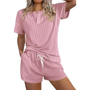 imageEkouaer Ribbed Knit Lounge Sets for Women 2 Piece Outfits Short Sleeve Top and Shorts Pajama Sets Tracksuit SweatsuitsPink