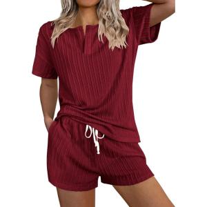 imageEkouaer Ribbed Knit Lounge Sets for Women 2 Piece Outfits Short Sleeve Top and Shorts Pajama Sets Tracksuit SweatsuitsWine Red