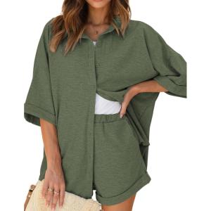 imageEkouaer Waffle Knit Lounge Sets for Women Short Sleeve Pajamas Button Down Pjs Oversized Loungewear Shorts SetArmy Green