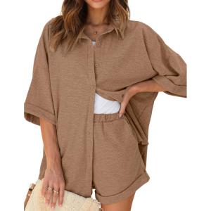imageEkouaer Waffle Knit Lounge Sets for Women Short Sleeve Pajamas Button Down Pjs Oversized Loungewear Shorts SetBrown