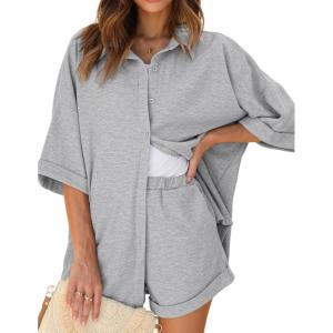 imageEkouaer Waffle Knit Lounge Sets for Women Short Sleeve Pajamas Button Down Pjs Oversized Loungewear Shorts SetGray