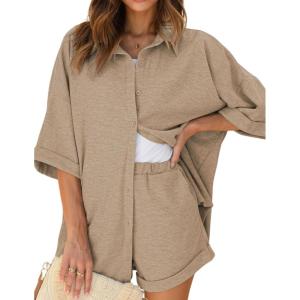 imageEkouaer Waffle Knit Lounge Sets for Women Short Sleeve Pajamas Button Down Pjs Oversized Loungewear Shorts SetKhaki