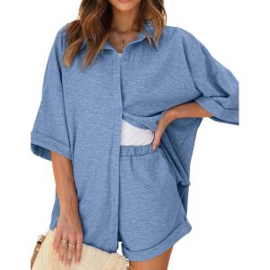 imageEkouaer Waffle Knit Lounge Sets for Women Short Sleeve Pajamas Button Down Pjs Oversized Loungewear Shorts SetLake Blue