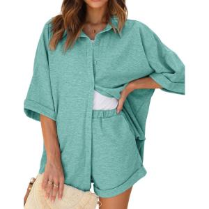 imageEkouaer Waffle Knit Lounge Sets for Women Short Sleeve Pajamas Button Down Pjs Oversized Loungewear Shorts SetMint Green