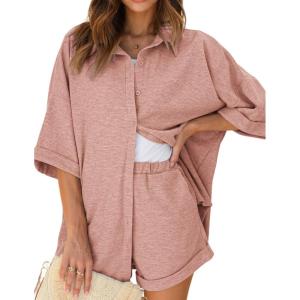 imageEkouaer Waffle Knit Lounge Sets for Women Short Sleeve Pajamas Button Down Pjs Oversized Loungewear Shorts SetPink