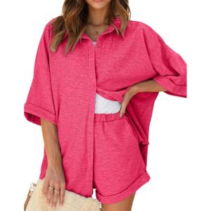 imageEkouaer Waffle Knit Lounge Sets for Women Short Sleeve Pajamas Button Down Pjs Oversized Loungewear Shorts SetRose Red