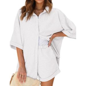 imageEkouaer Waffle Knit Lounge Sets for Women Short Sleeve Pajamas Button Down Pjs Oversized Loungewear Shorts SetWhite