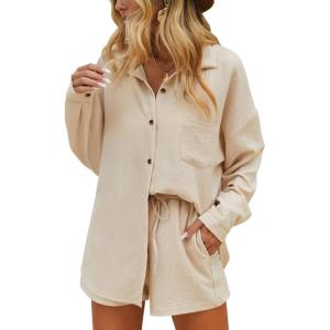 imageEkouaer Women 2 Piece Sets Lounge Sets Summer Outfits Button Down Shirts and Casual Shorts with PocketsApricot