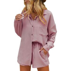 imageEkouaer Women 2 Piece Sets Lounge Sets Summer Outfits Button Down Shirts and Casual Shorts with PocketsDusty Pink