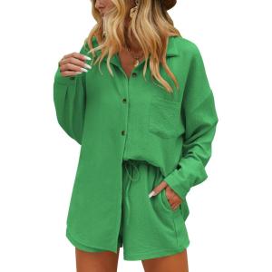 imageEkouaer Women 2 Piece Sets Lounge Sets Summer Outfits Button Down Shirts and Casual Shorts with PocketsGreen