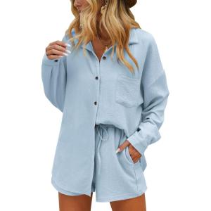 imageEkouaer Women 2 Piece Sets Lounge Sets Summer Outfits Button Down Shirts and Casual Shorts with PocketsLight Blue