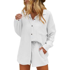imageEkouaer Women 2 Piece Sets Lounge Sets Summer Outfits Button Down Shirts and Casual Shorts with PocketsWhite