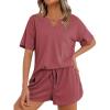 imageEkouaer Waffle Knit Lounge Sets for Women 2 Piece Outfits Short Sleeve Top and Shorts Pajama Sets Tracksuit SweatsuitsFuchsia Red